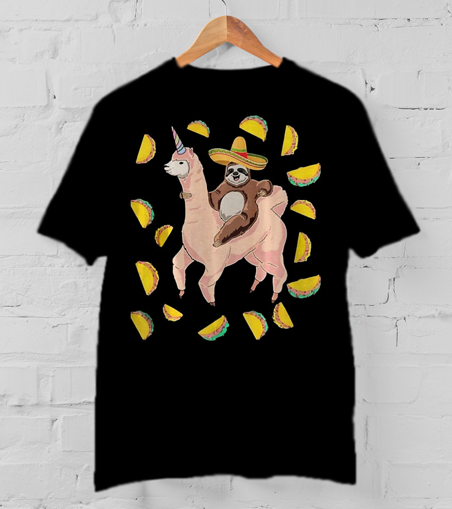 Cinco De Mayo Llamacorn With Sombrero-Wearing Sloth Surrounded By Tacos T-Shirt