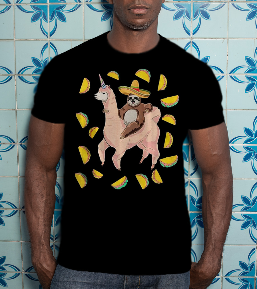 Cinco De Mayo Llamacorn With Sombrero-Wearing Sloth Surrounded By Tacos T-Shirt