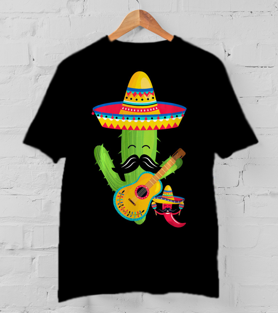 Cute Mustache Cactus With Sombrero Playing Guitar Mexican Fiesta Fun T-Shirt