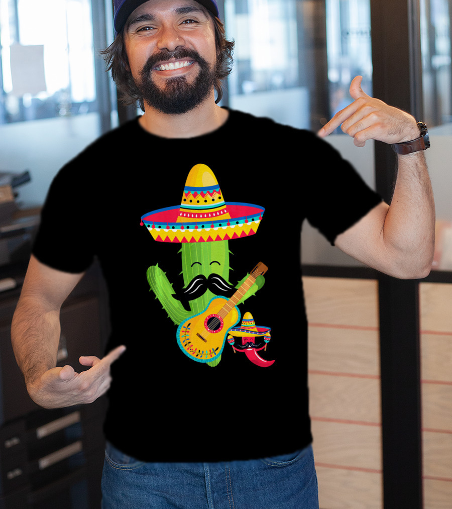 Cute Mustache Cactus With Sombrero Playing Guitar Mexican Fiesta Fun T-Shirt