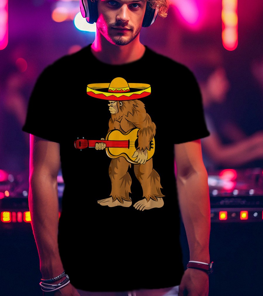 Bigfoot Carrying Guitar Cinco De Mayo Sombrero T-Shirt