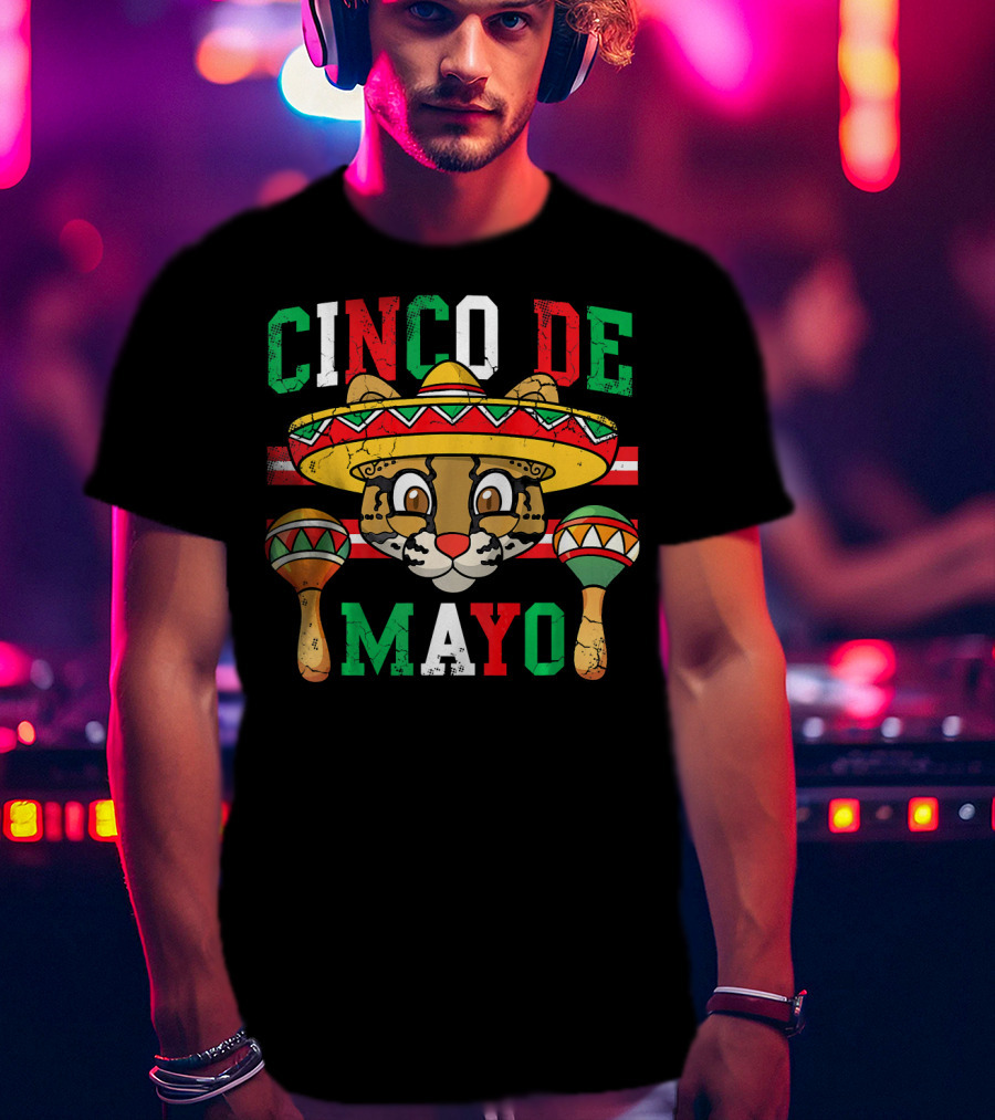 Cinco De Mayo Ocelot Cat Sombrero Maracas Festive T-Shirt