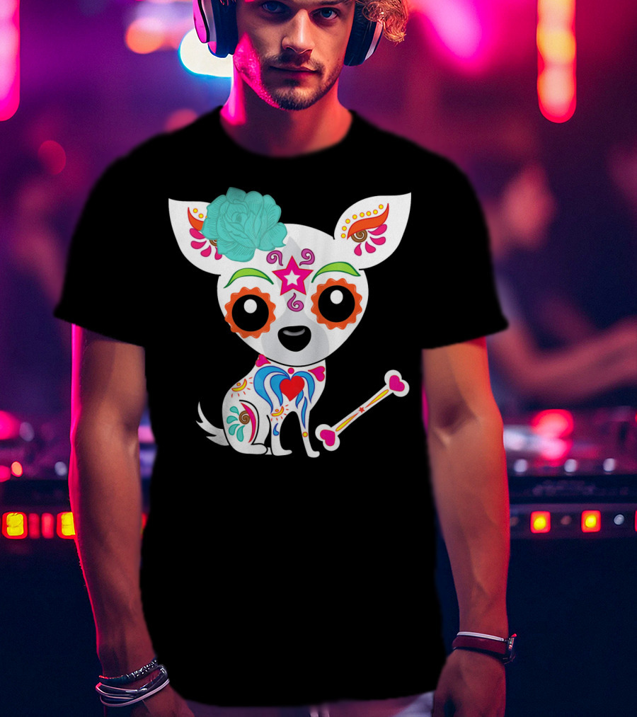 Cinco De Mayo Sugar Skull Chihuahua With Floral Bone And Colorful Flower T-Shirt