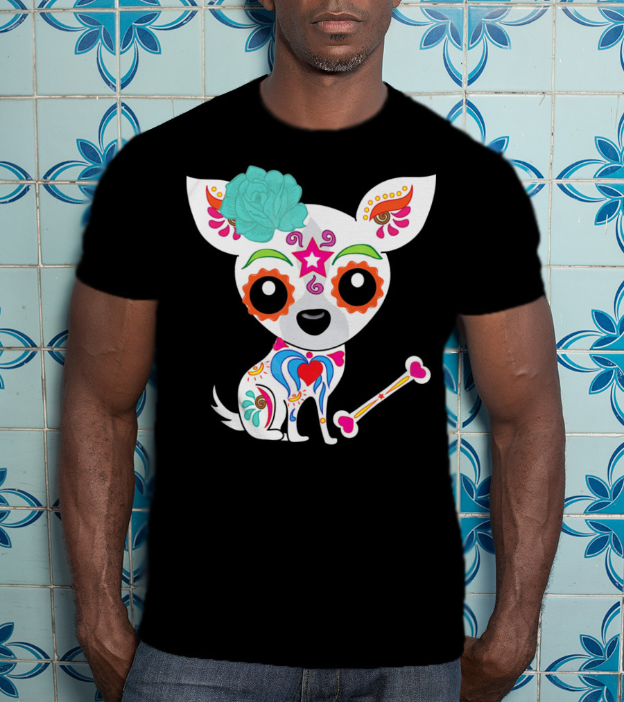 Cinco De Mayo Sugar Skull Chihuahua With Floral Bone And Colorful Flower T-Shirt