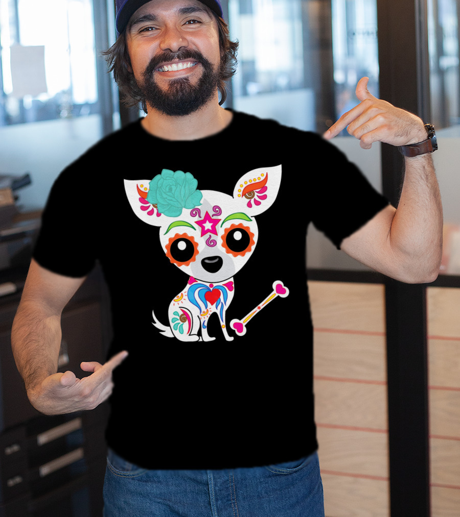 Cinco De Mayo Sugar Skull Chihuahua With Floral Bone And Colorful Flower T-Shirt