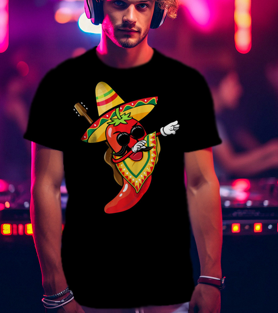 Mexican Poncho Cinco De Mayo Dabbing Jalapeño Sombrero Mustache Guitar T-Shirt