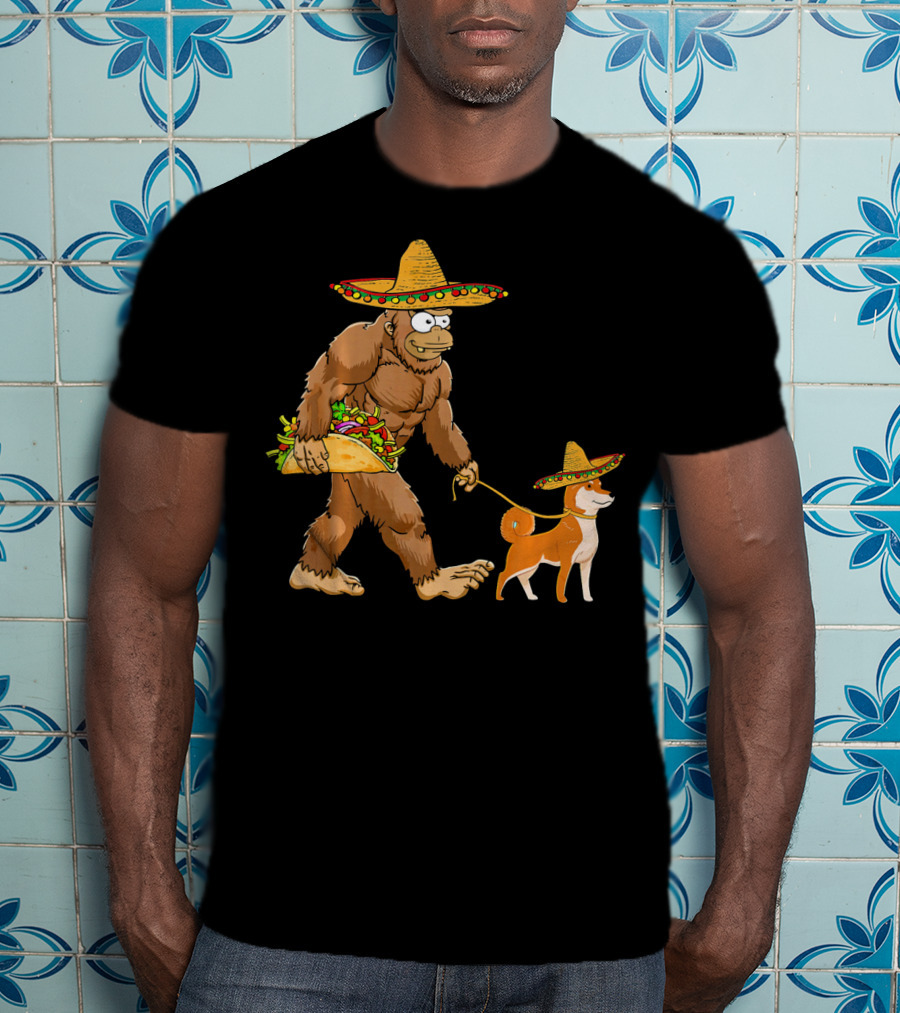 Bigfoot Taco Sombrero Shiba Inu Dog Cinc Walking Cartoon T-Shirt
