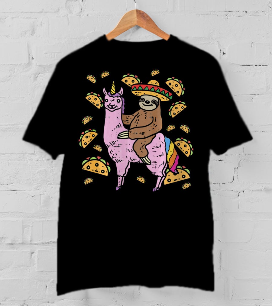 Cinco De Mayo Llamacorn With Sombrero Sloth Surrounded By Tacos T-Shirt
