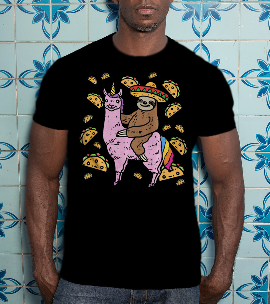 Cinco De Mayo Llamacorn With Sombrero Sloth Surrounded By Tacos T-Shirt