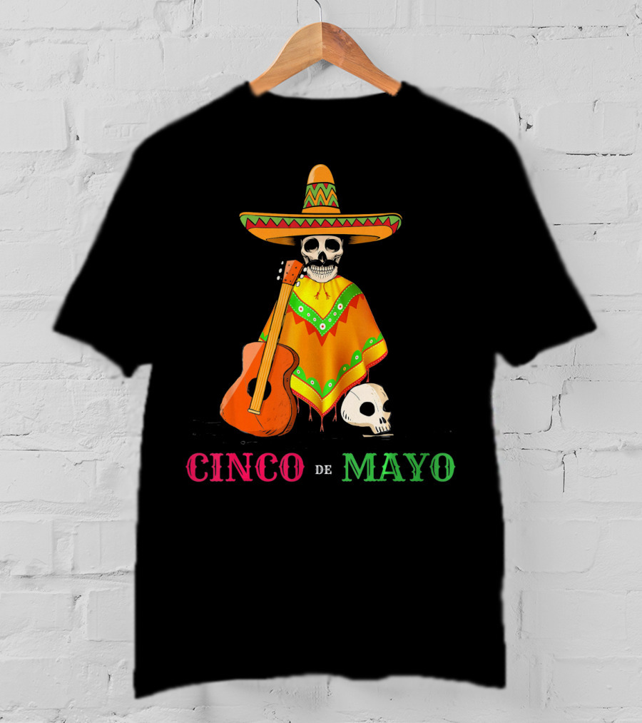 Cinco De Mayo Sombrero Skull Poncho Guitar T-Shirt