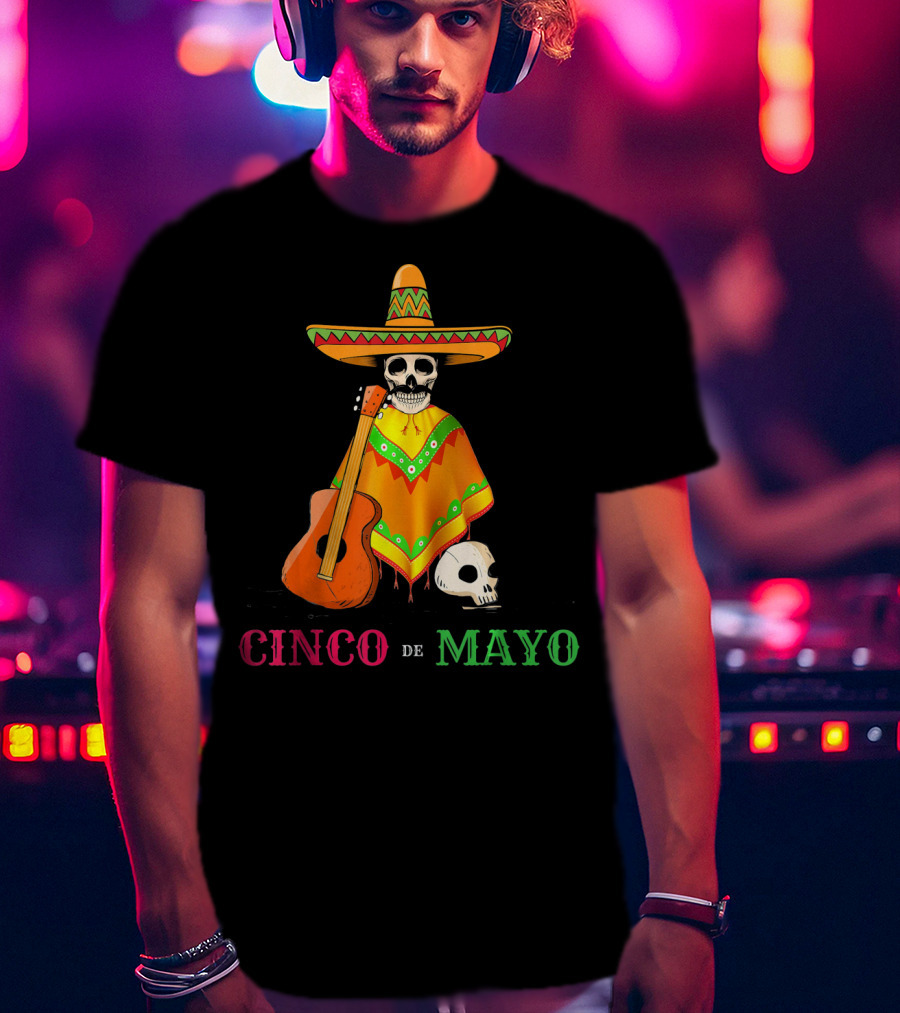 Cinco De Mayo Sombrero Skull Poncho Guitar T-Shirt