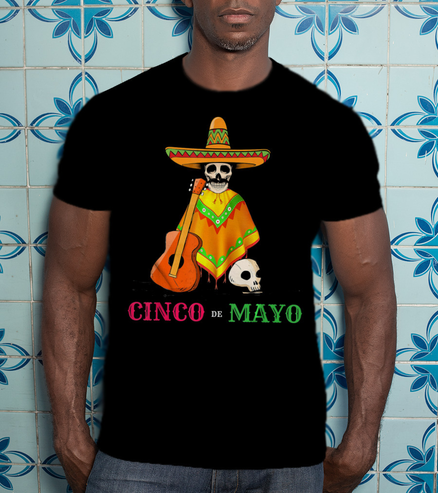 Cinco De Mayo Sombrero Skull Poncho Guitar T-Shirt