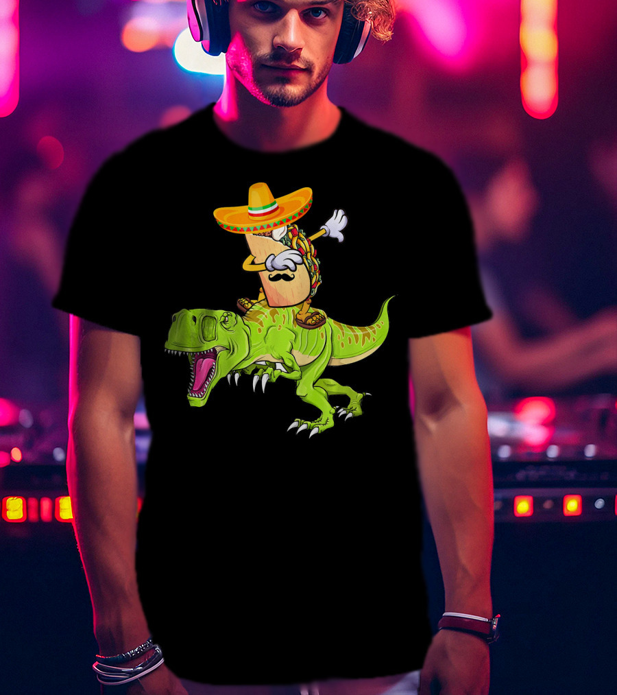 Dabbing Taco Sombrero On T-Rex Dinosaur T-Shirt