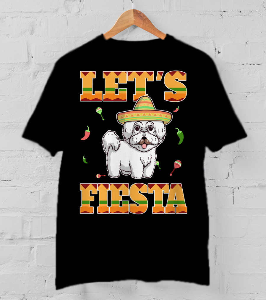 Let's Fiesta Bichon Frise Dog Cinco De Mayo Sombrero Peppers Maracas T-Shirt