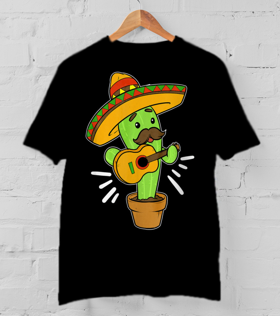 Cinco De Mayo Cactus Playing Guitar With Sombrero T-Shirt