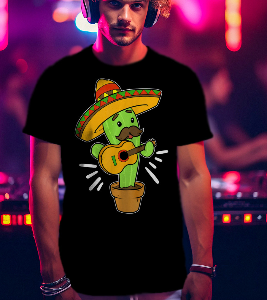 Cinco De Mayo Cactus Playing Guitar With Sombrero T-Shirt