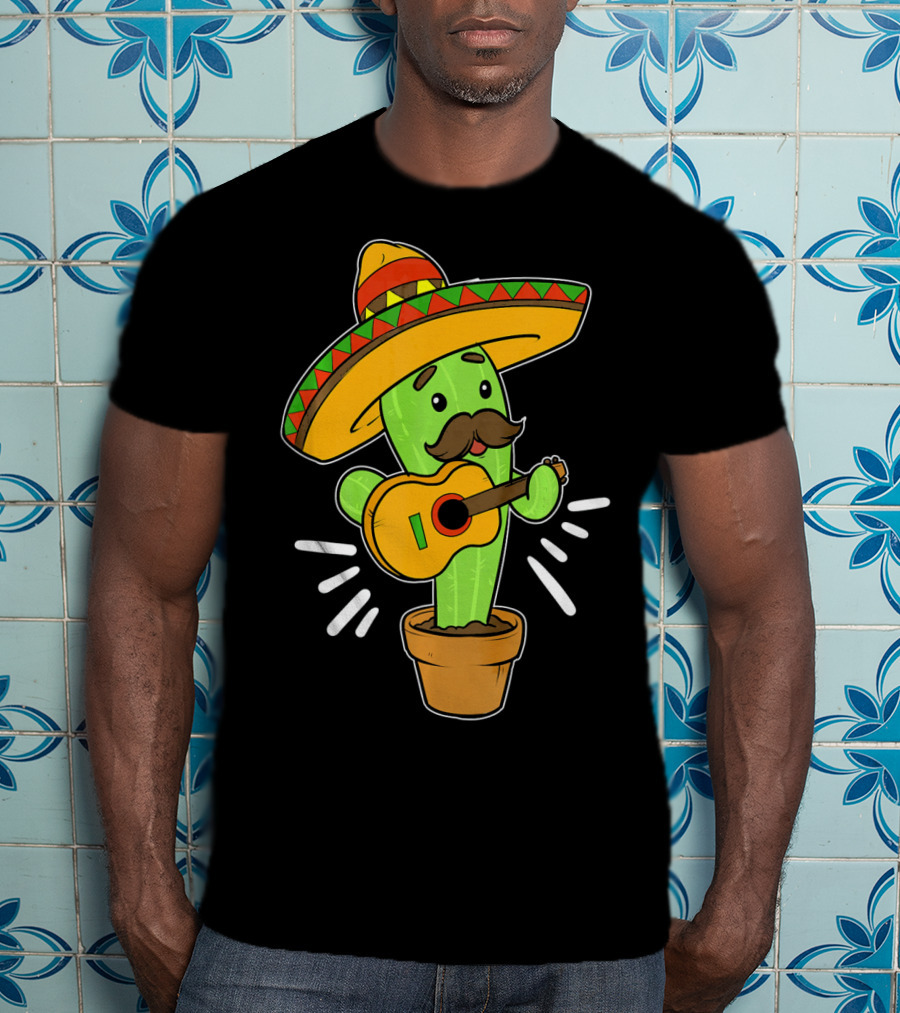 Cinco De Mayo Cactus Playing Guitar With Sombrero T-Shirt