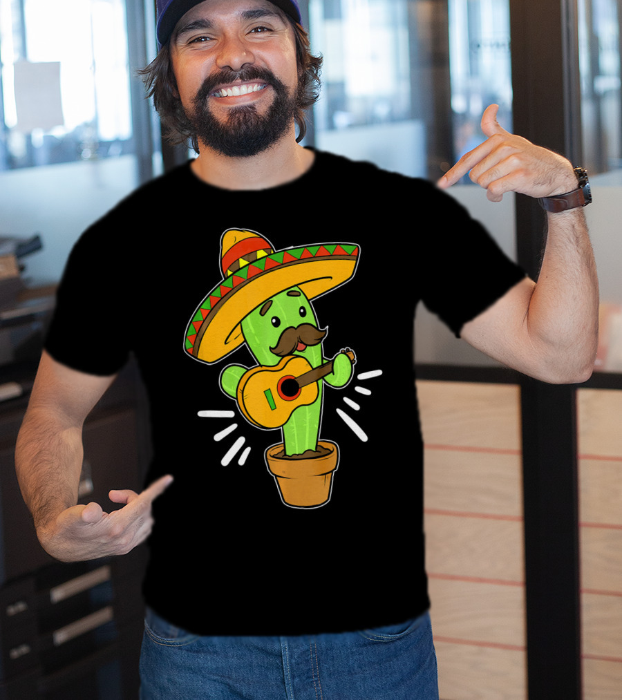 Cinco De Mayo Cactus Playing Guitar With Sombrero T-Shirt