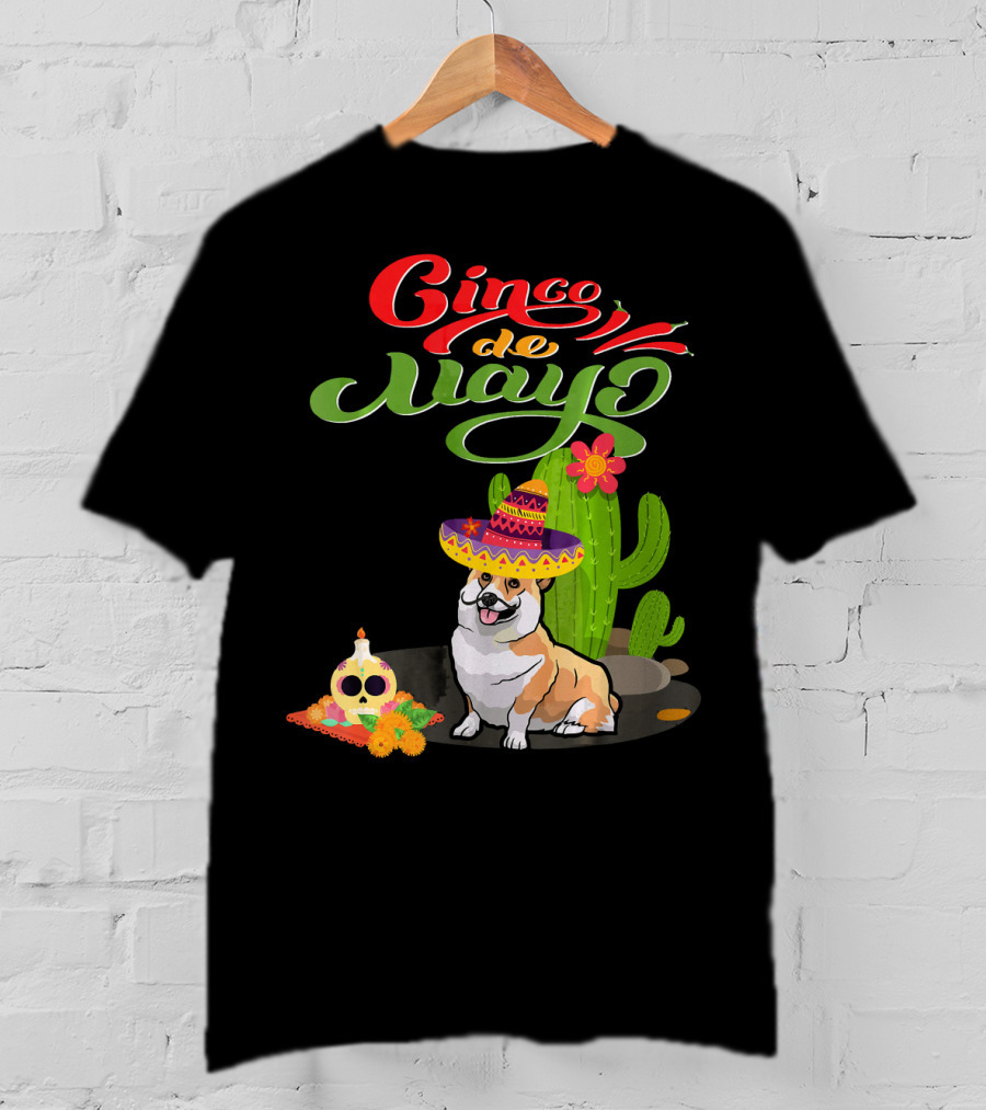 Cinco De Mayo Corgi Dog Fiesta With Sombrero And Cactus T-Shirt
