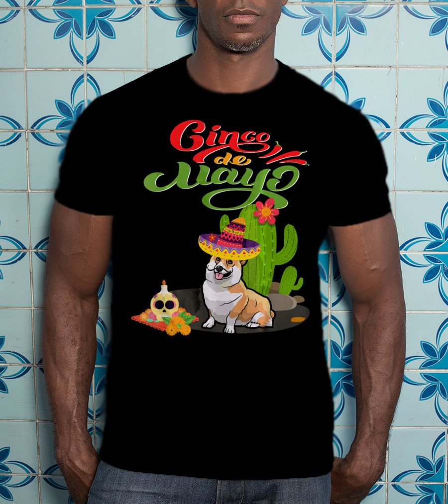 Cinco De Mayo Corgi Dog Fiesta With Sombrero And Cactus T-Shirt