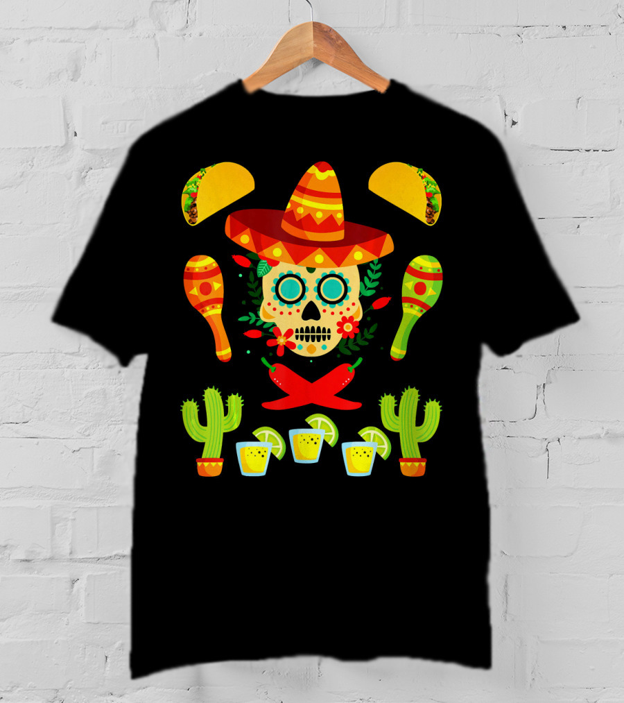 Fiesta Cinco De Mayo Sombrero Cactus Maracas Tacos Skull Peppers Shots Lime T-Shirt