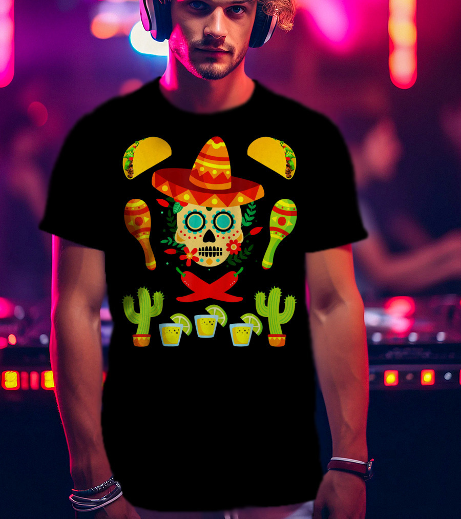 Fiesta Cinco De Mayo Sombrero Cactus Maracas Tacos Skull Peppers Shots Lime T-Shirt