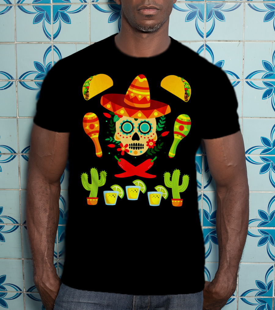 Fiesta Cinco De Mayo Sombrero Cactus Maracas Tacos Skull Peppers Shots Lime T-Shirt