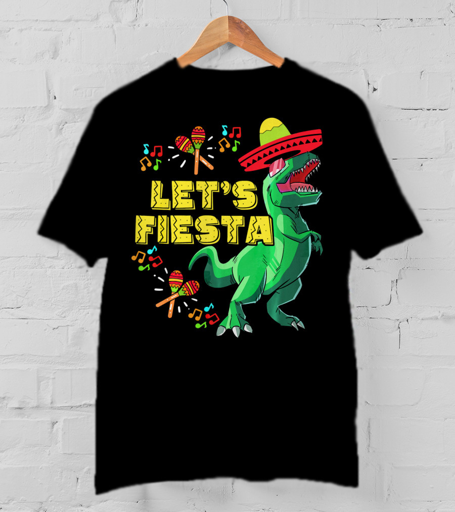 Let's Fiesta Cinco De Mayo Dino Sombrero Maracas Music Notes T-Shirt