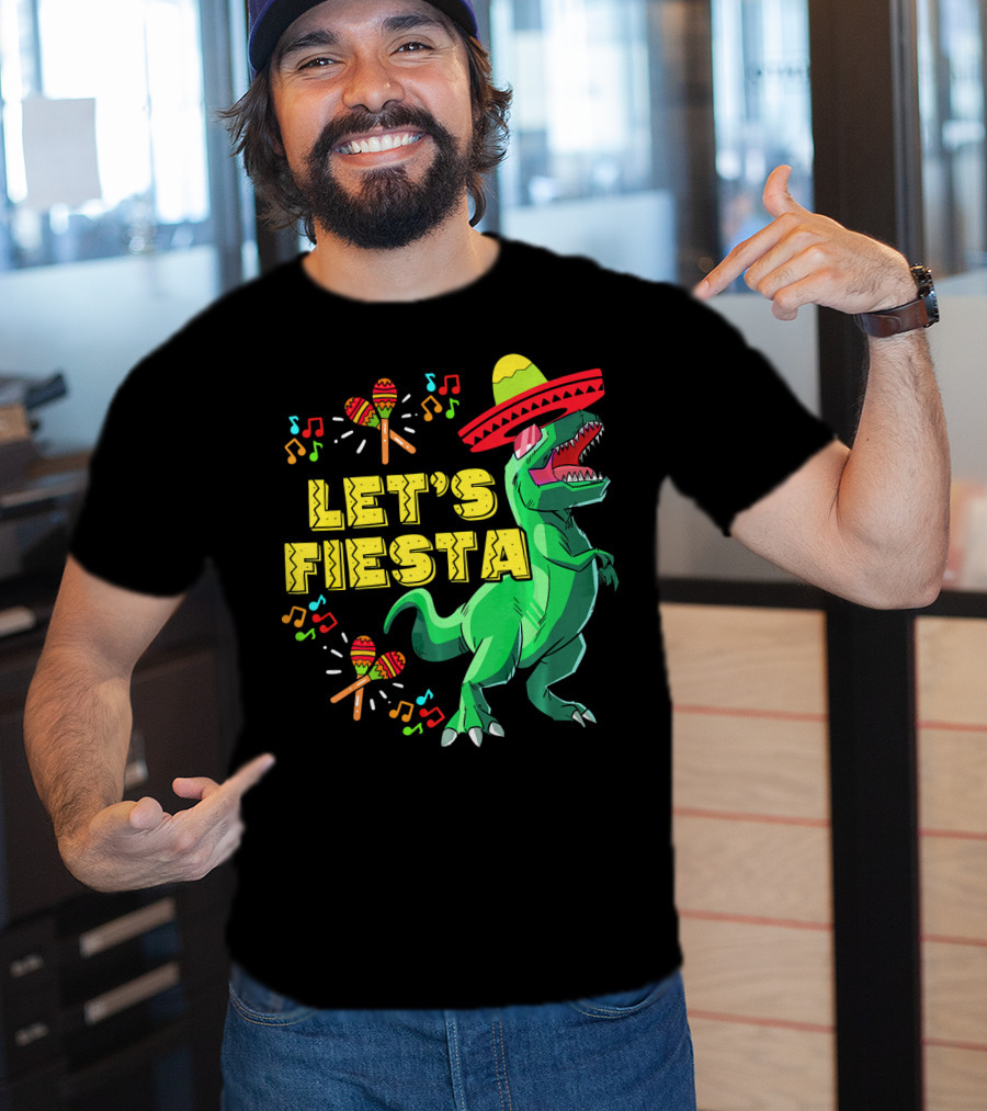 Let's Fiesta Cinco De Mayo Dino Sombrero Maracas Music Notes T-Shirt