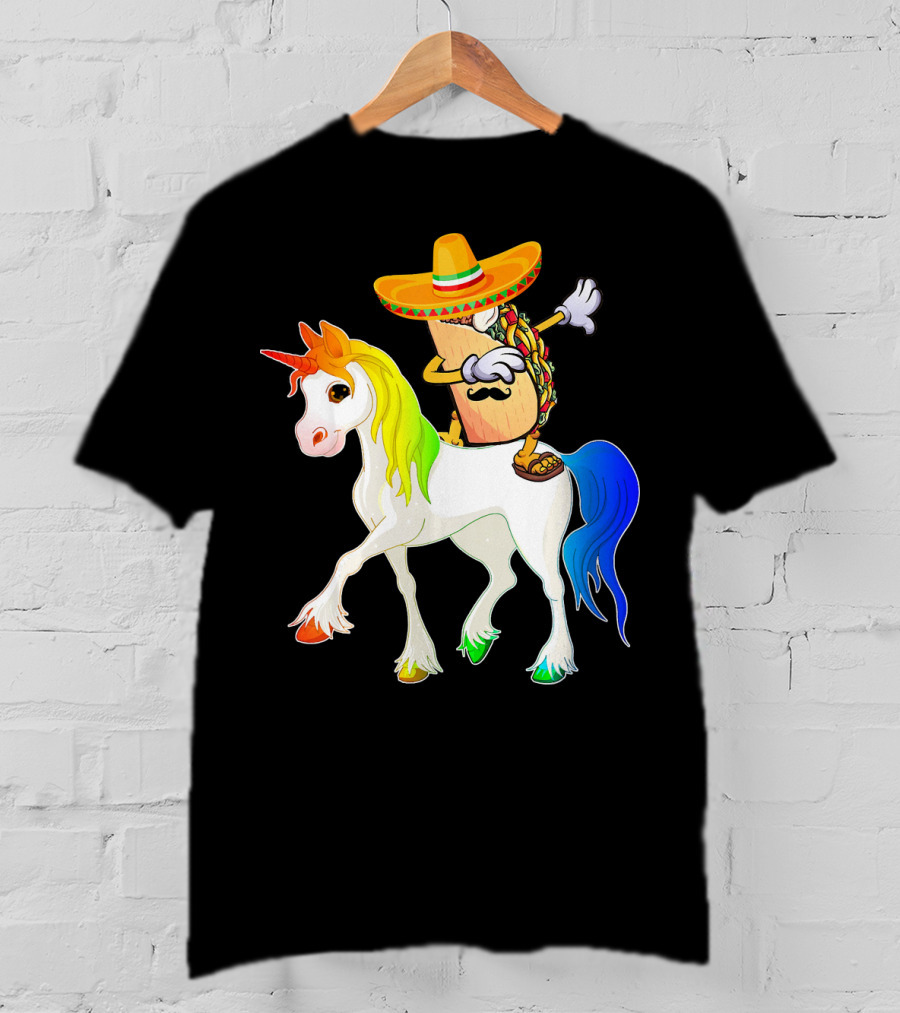 Dabbing Taco Sombrero With Mustache Riding Colorful Unicorn Fun T-Shirt