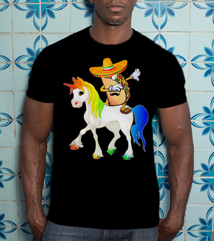 Dabbing Taco Sombrero With Mustache Riding Colorful Unicorn Fun T-Shirt