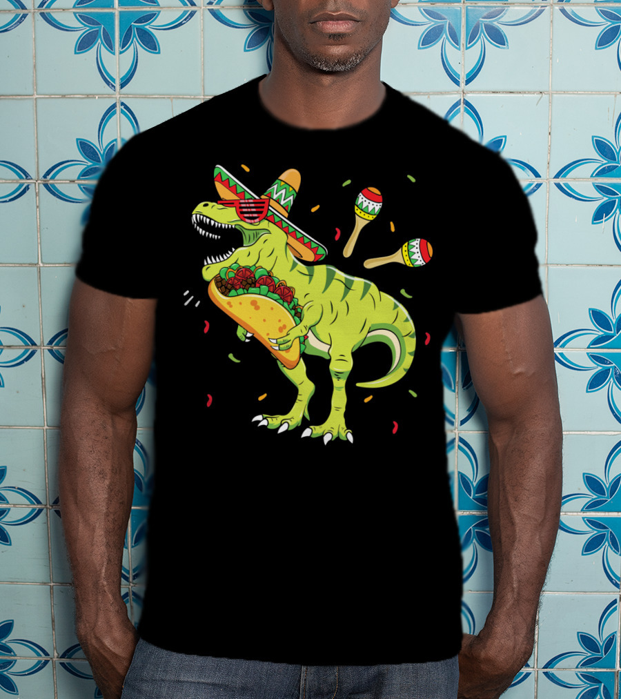Cinco De Mayo T Rex With Sombrero Maracas And Taco T-Shirt