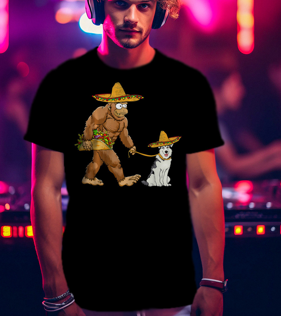 Bigfoot Husky Dog Taco Sombrero Cinco De Mayo T-Shirt