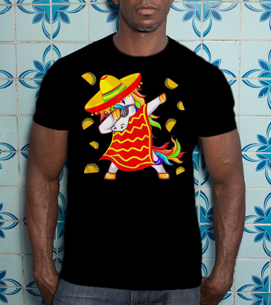 Unicorn Dabbing In Mexican Poncho With Sombrero Surrounded By Tacos T-Shirt
