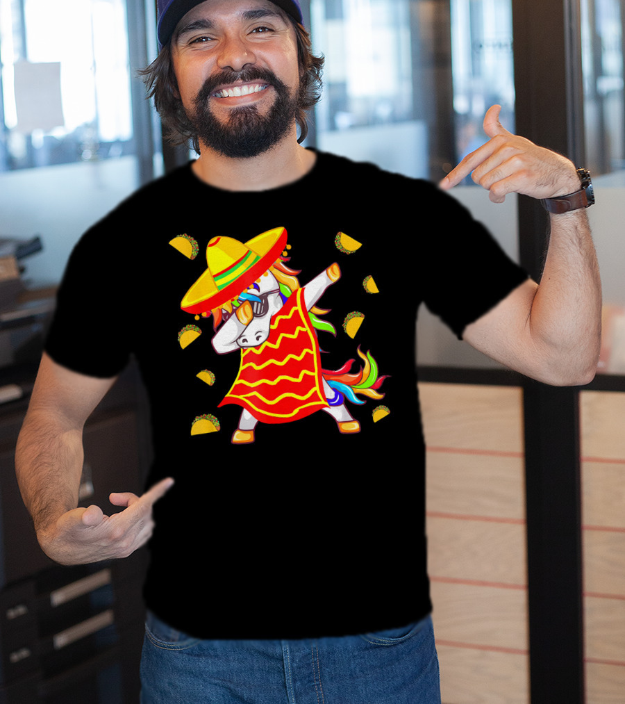 Unicorn Dabbing In Mexican Poncho With Sombrero Surrounded By Tacos T-Shirt