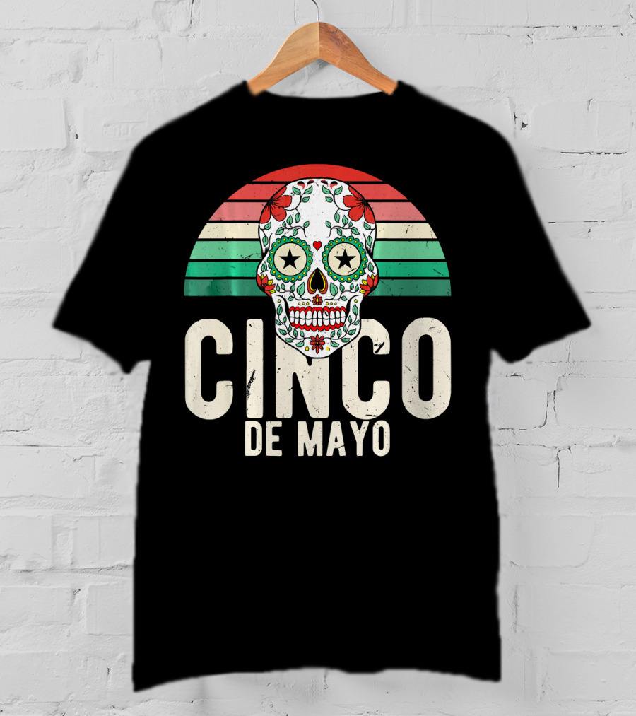 Cinco De Mayo Sugar Skull Retro Stripes T-Shirt