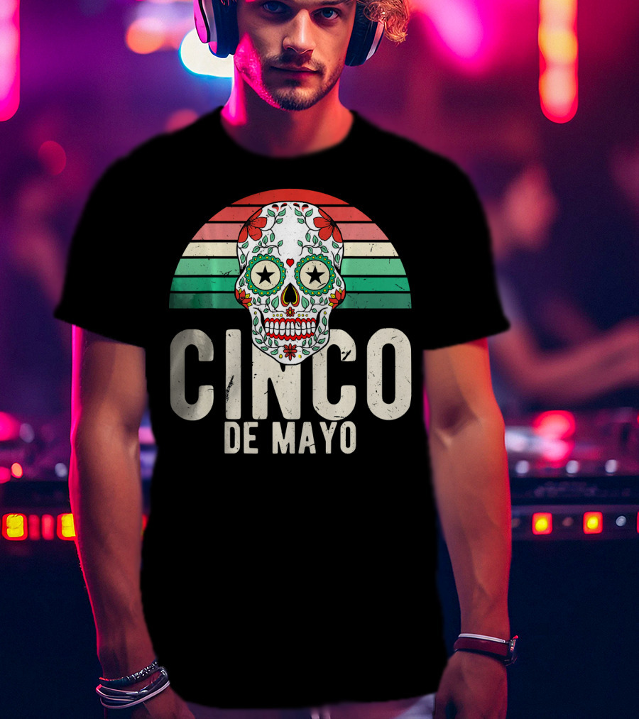 Cinco De Mayo Sugar Skull Retro Stripes T-Shirt
