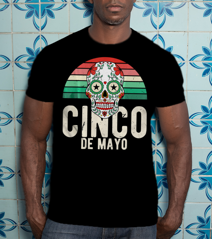 Cinco De Mayo Sugar Skull Retro Stripes T-Shirt