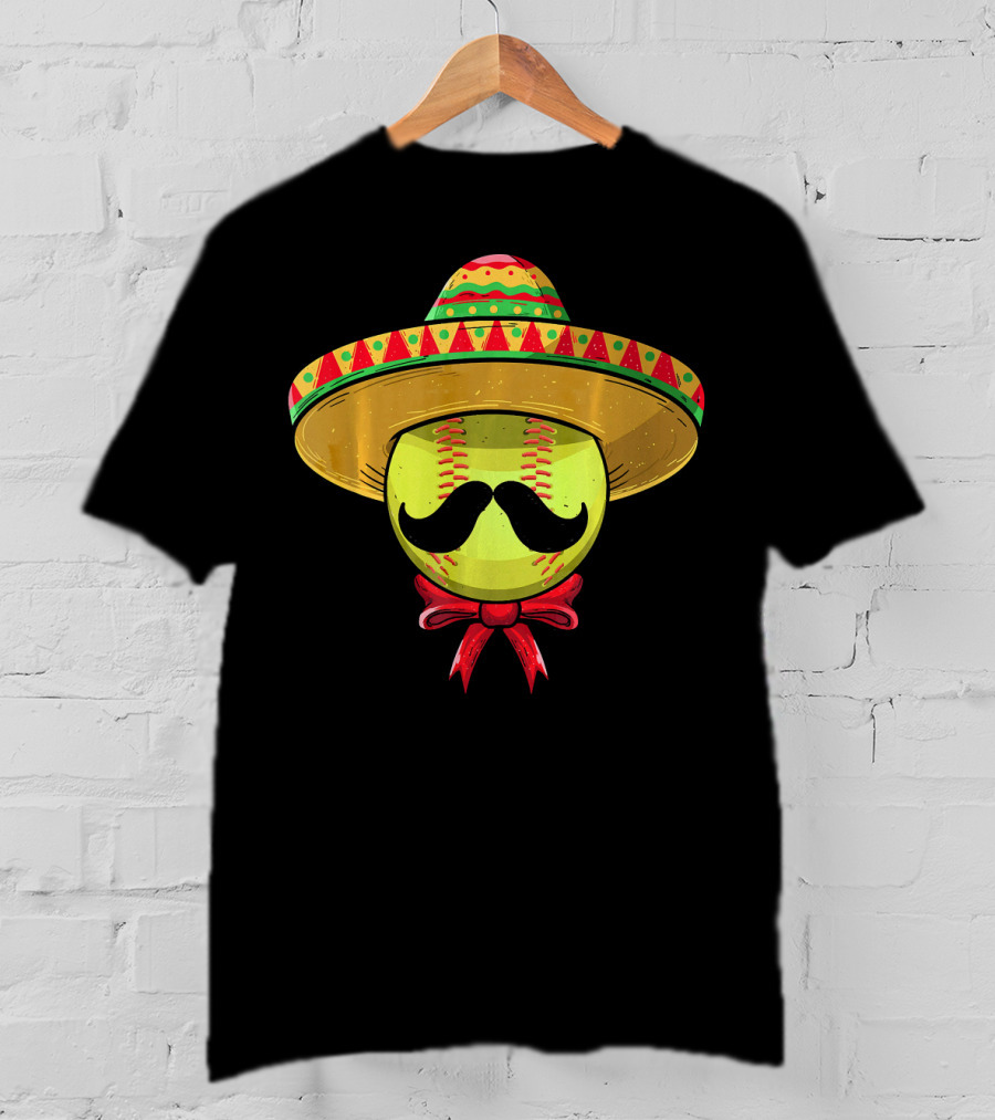 Cinco De Mayo Mexican Sombrero Softball Mustache Red Bow T-Shirt