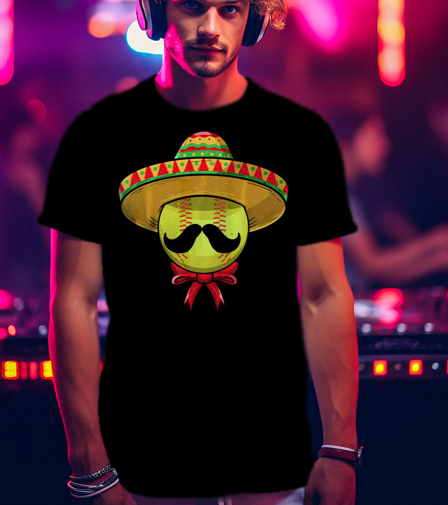 Cinco De Mayo Mexican Sombrero Softball Mustache Red Bow T-Shirt