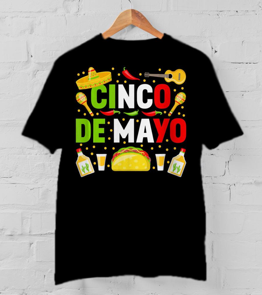 Cinco De Mayo Celebration Taco Maracas Sombrero Guitar Tequila Fiesta T-Shirt
