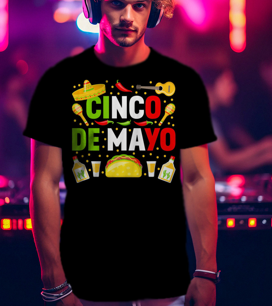 Cinco De Mayo Celebration Taco Maracas Sombrero Guitar Tequila Fiesta T-Shirt