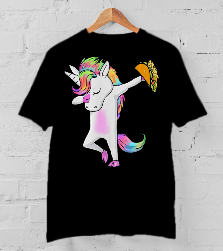 Unicorn Dabbing With Rainbow Mane Holding Tacos T-Shirt