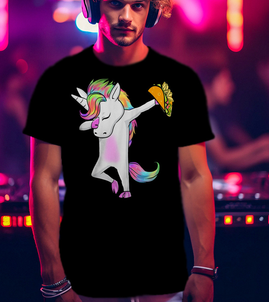 Unicorn Dabbing With Rainbow Mane Holding Tacos T-Shirt