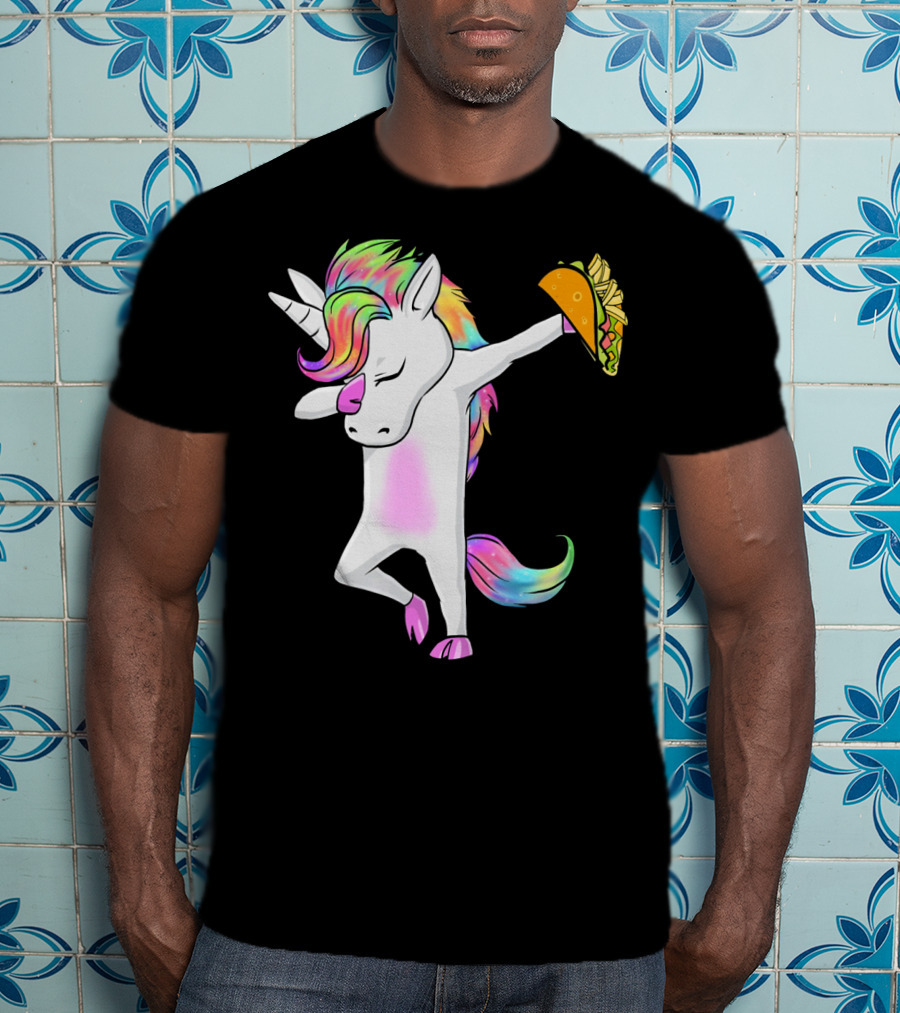 Unicorn Dabbing With Rainbow Mane Holding Tacos T-Shirt