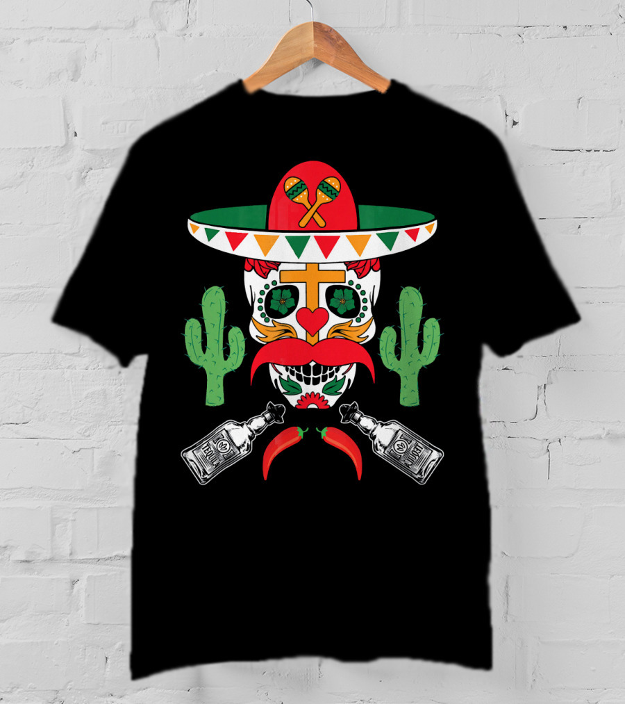 Cinco De Mayo Sugar Skull Sombrero Cactus With Tequila And Peppers T-Shirt