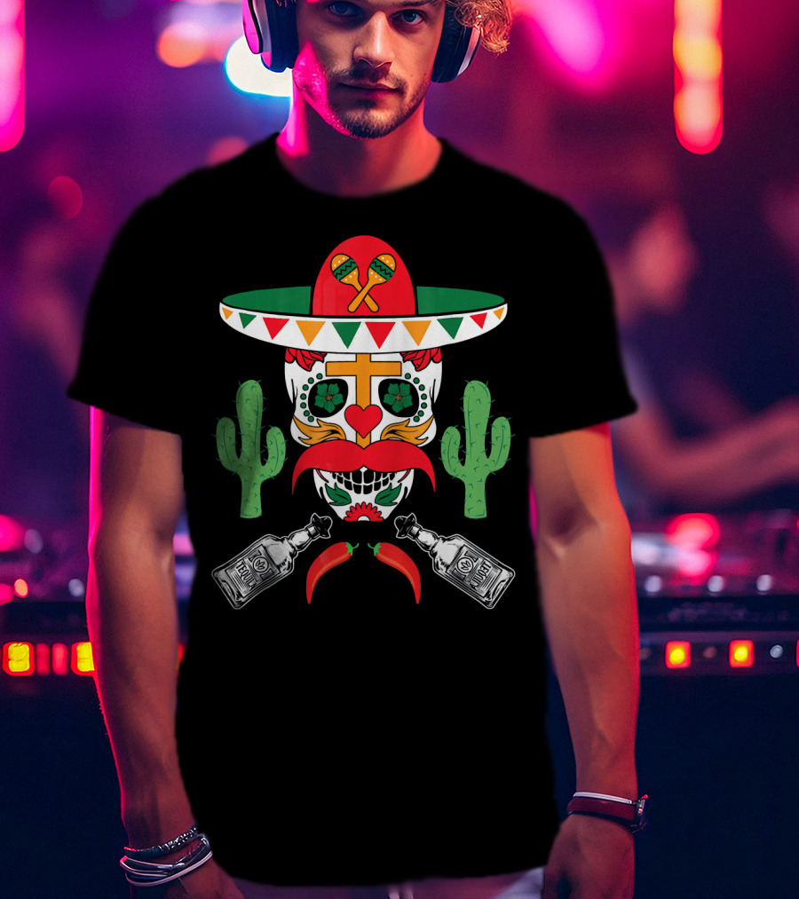 Cinco De Mayo Sugar Skull Sombrero Cactus With Tequila And Peppers T-Shirt