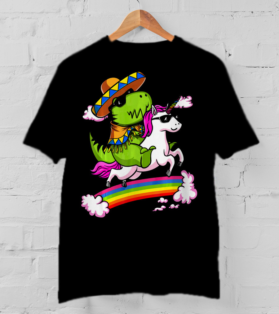 T Rex Dinosaur Riding Unicorn Cinco De Mayo Rainbow Sombrero Sunglasses T-Shirt
