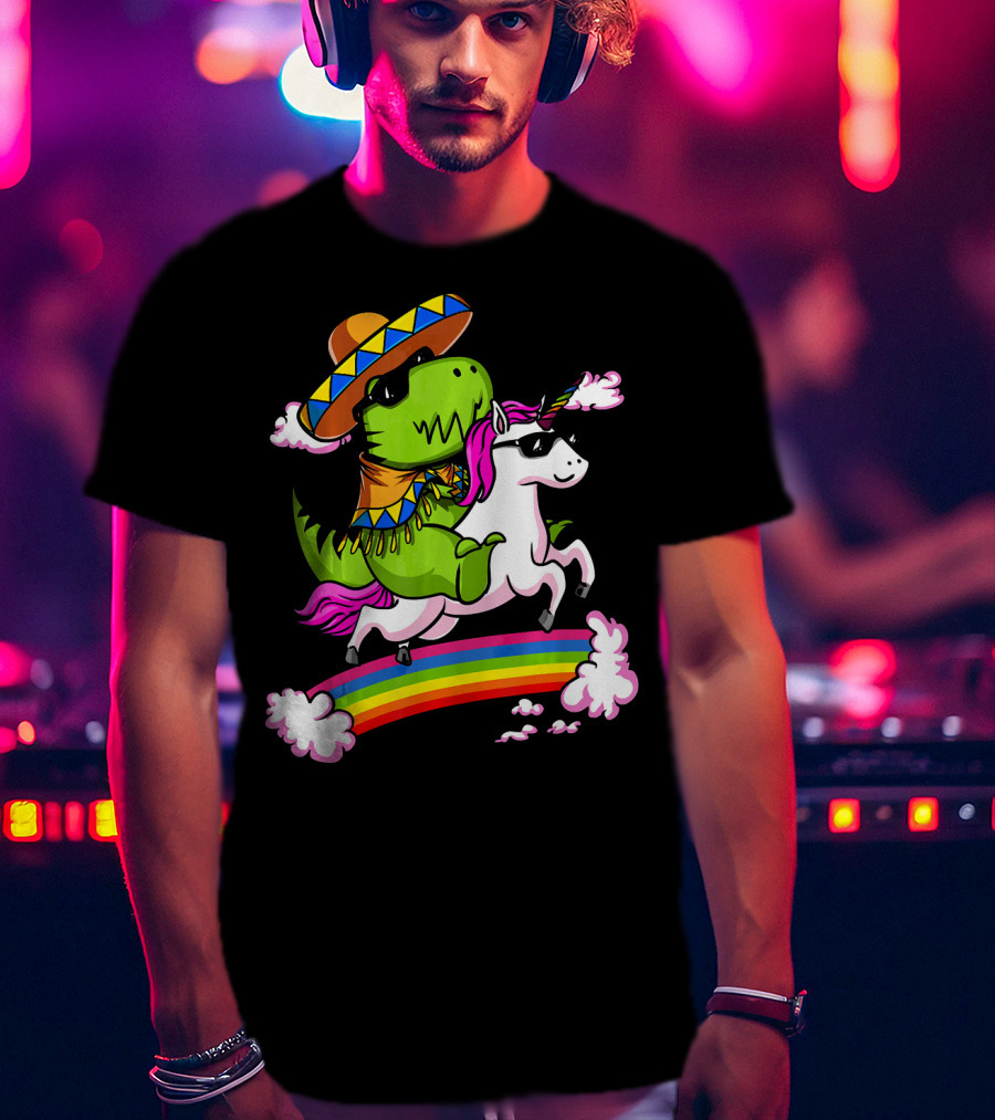 T Rex Dinosaur Riding Unicorn Cinco De Mayo Rainbow Sombrero Sunglasses T-Shirt