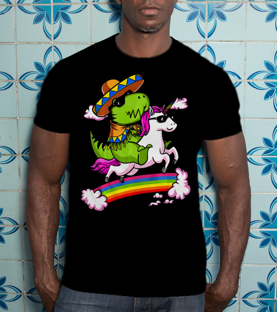 T Rex Dinosaur Riding Unicorn Cinco De Mayo Rainbow Sombrero Sunglasses T-Shirt